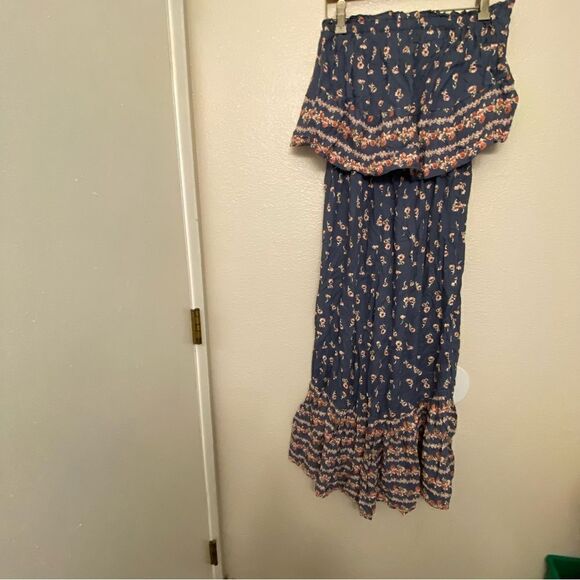 Japna smocked ruffle strapless jumpsuit wide leg palazzo romantic blue floral M - Picture 2 of 11